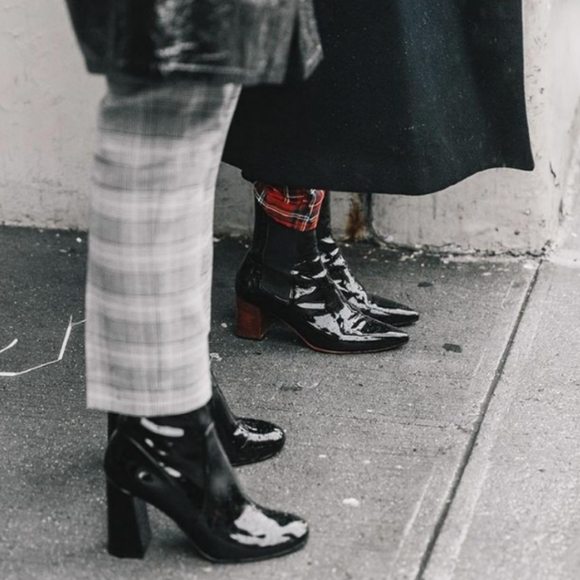 Nordstrom Open Edit Chloe Zip Boots Black Vegan Patent Leather Chunky Square Toe - Picture 7 of 15